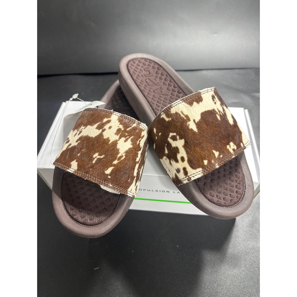 APL Iconic Slide Women's Deep Brown White Cow Print Calf Hair Sandals Size 7 New